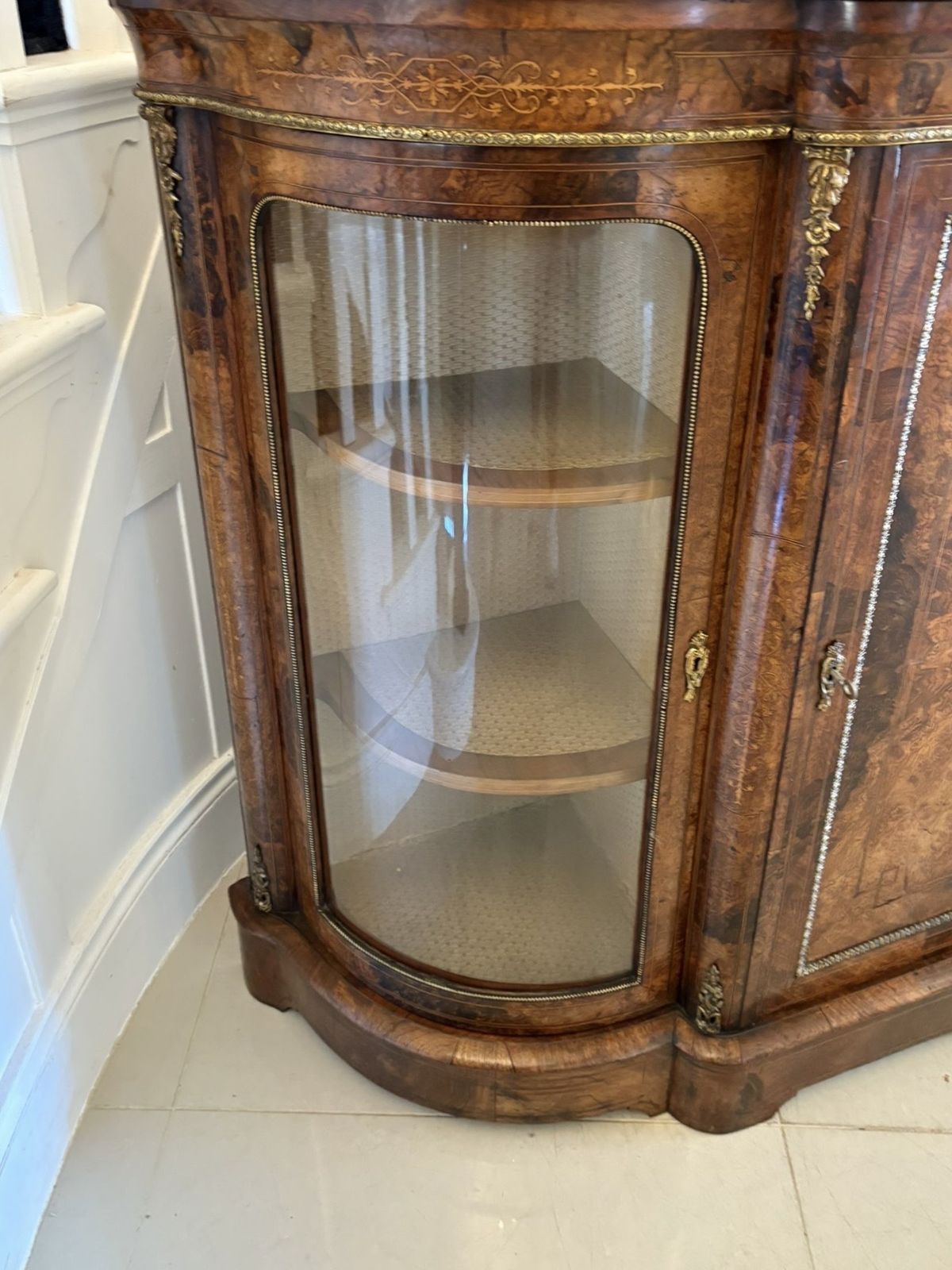photo for sale Outstanding Quality Antique 19th Century Inlaid Burr Walnut Porcelain Mounted Credenza