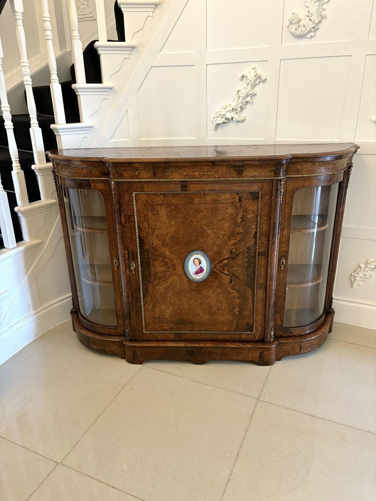 Outstanding Quality Antique 19th Century Inlaid Burr Walnut Porcelain Mounted Credenza