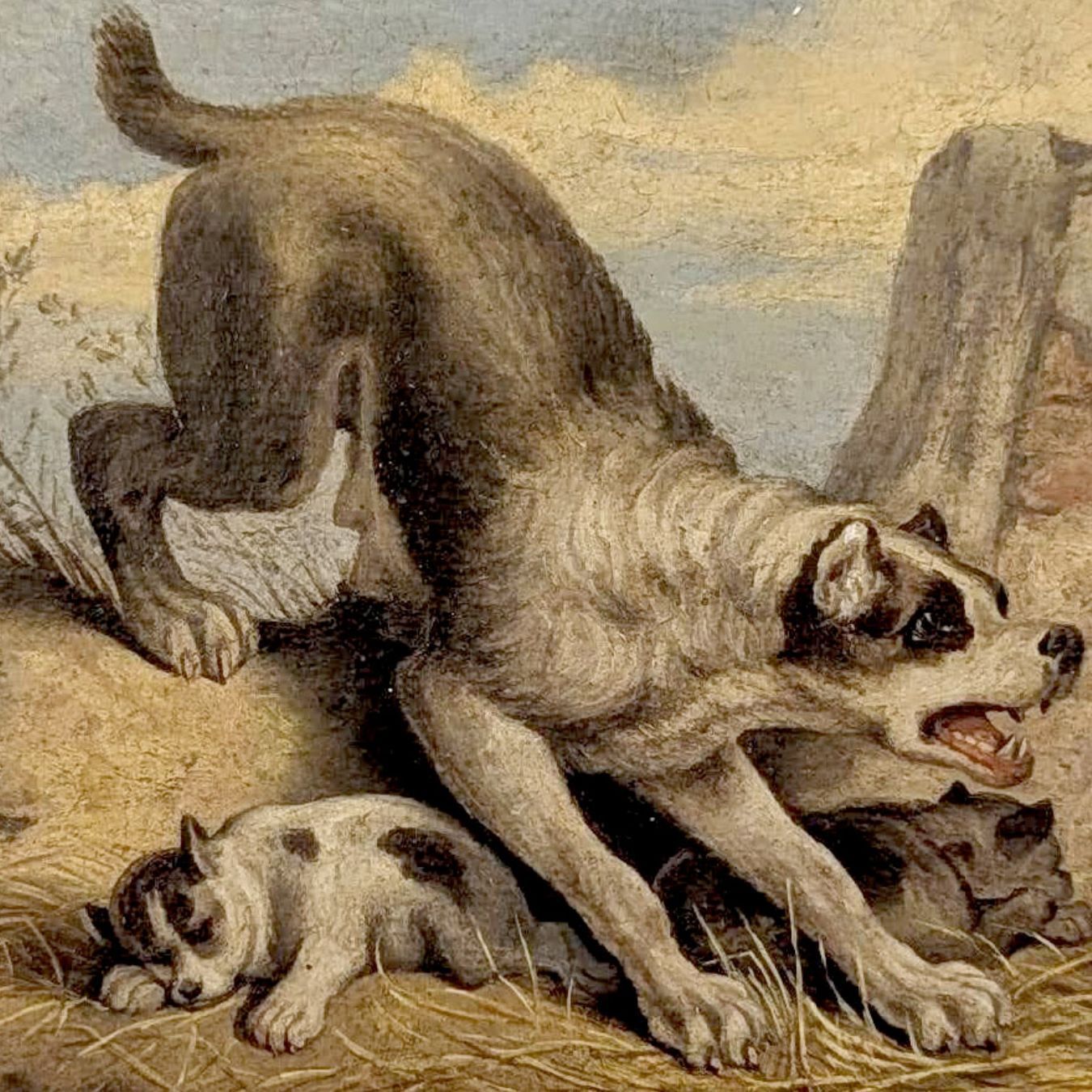 Oil On Wood Restoration Of A Dog Defending Her Puppy photo furniture
