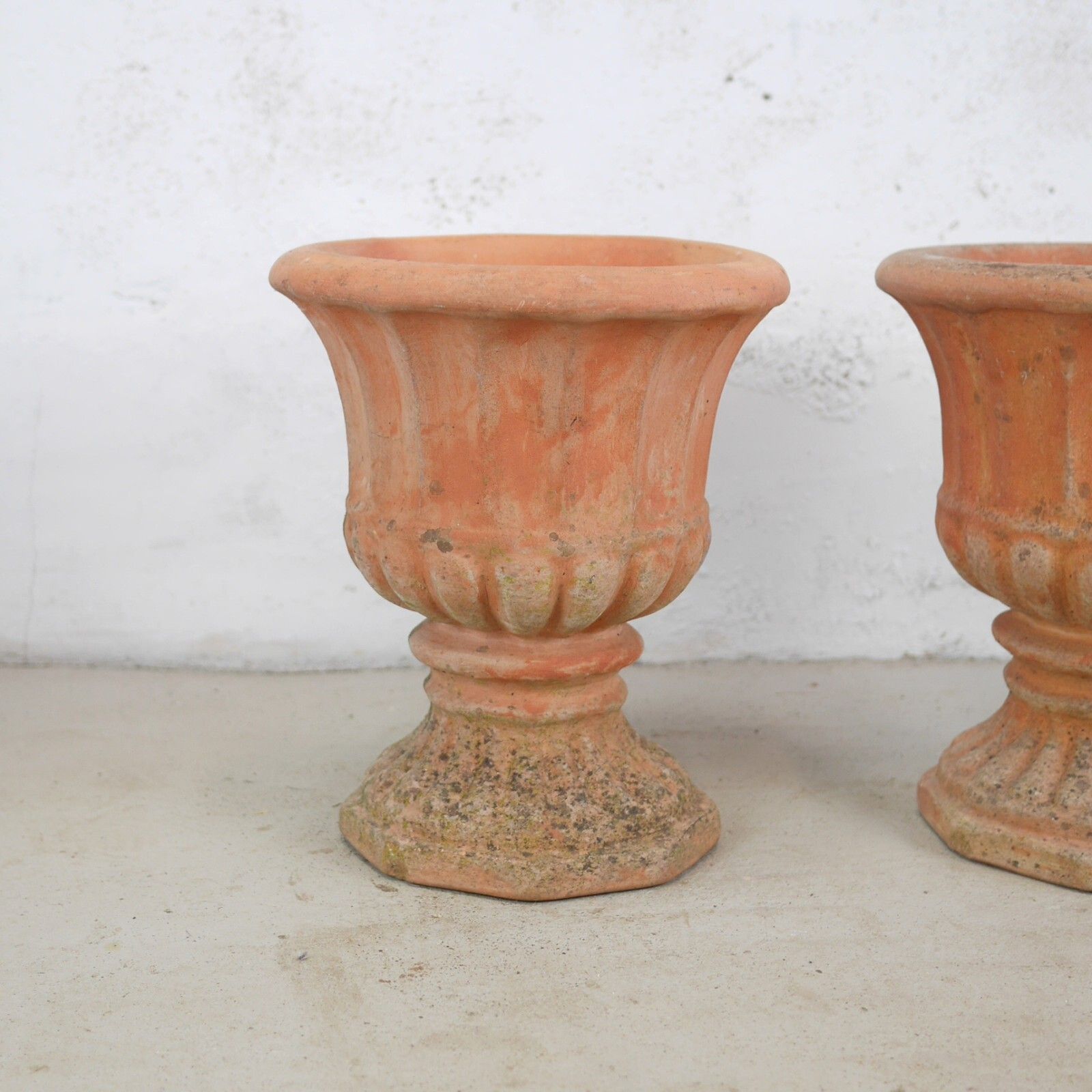 161.0 Pair Weathered Terracotta Garden Urn Tazza Planter Antique Style #102925 photo