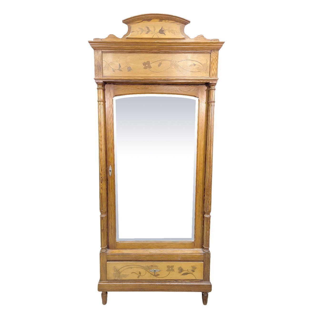 1900 Art Nouveau Mirrored Cabinet In Pine And Maple Burl