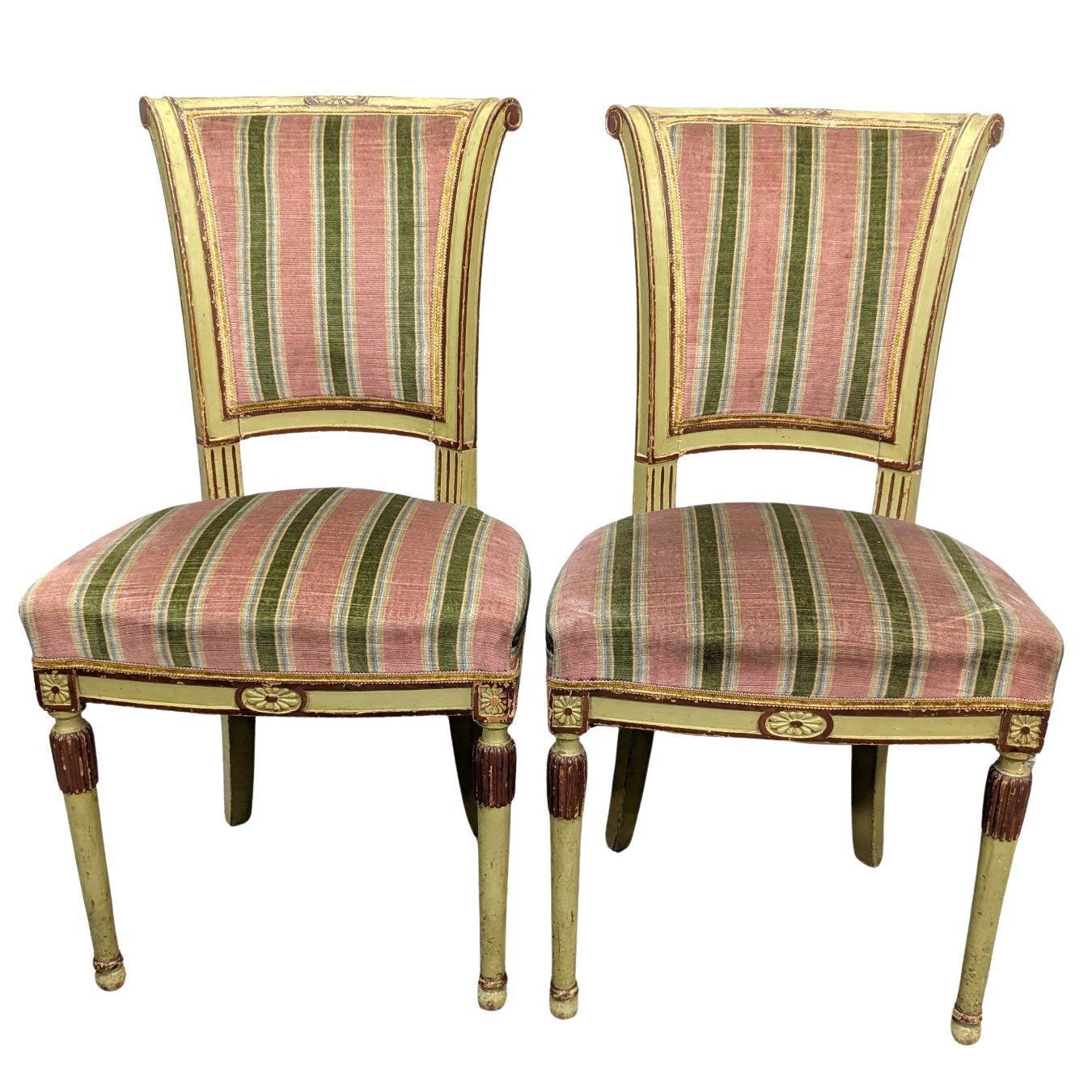 Pair Of Lacquered Directoire Style Chairs With Green Velvet Tops