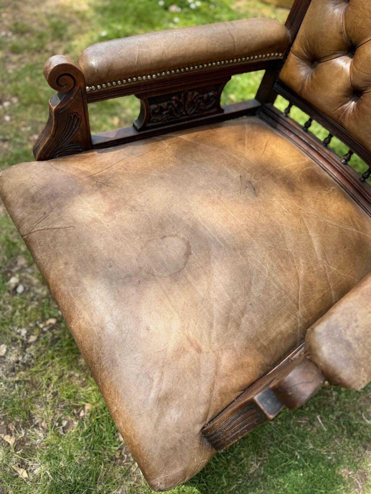 Victorian Carved Walnut & Leather Library Chair Button Back Fireside Armchair photo vintage
