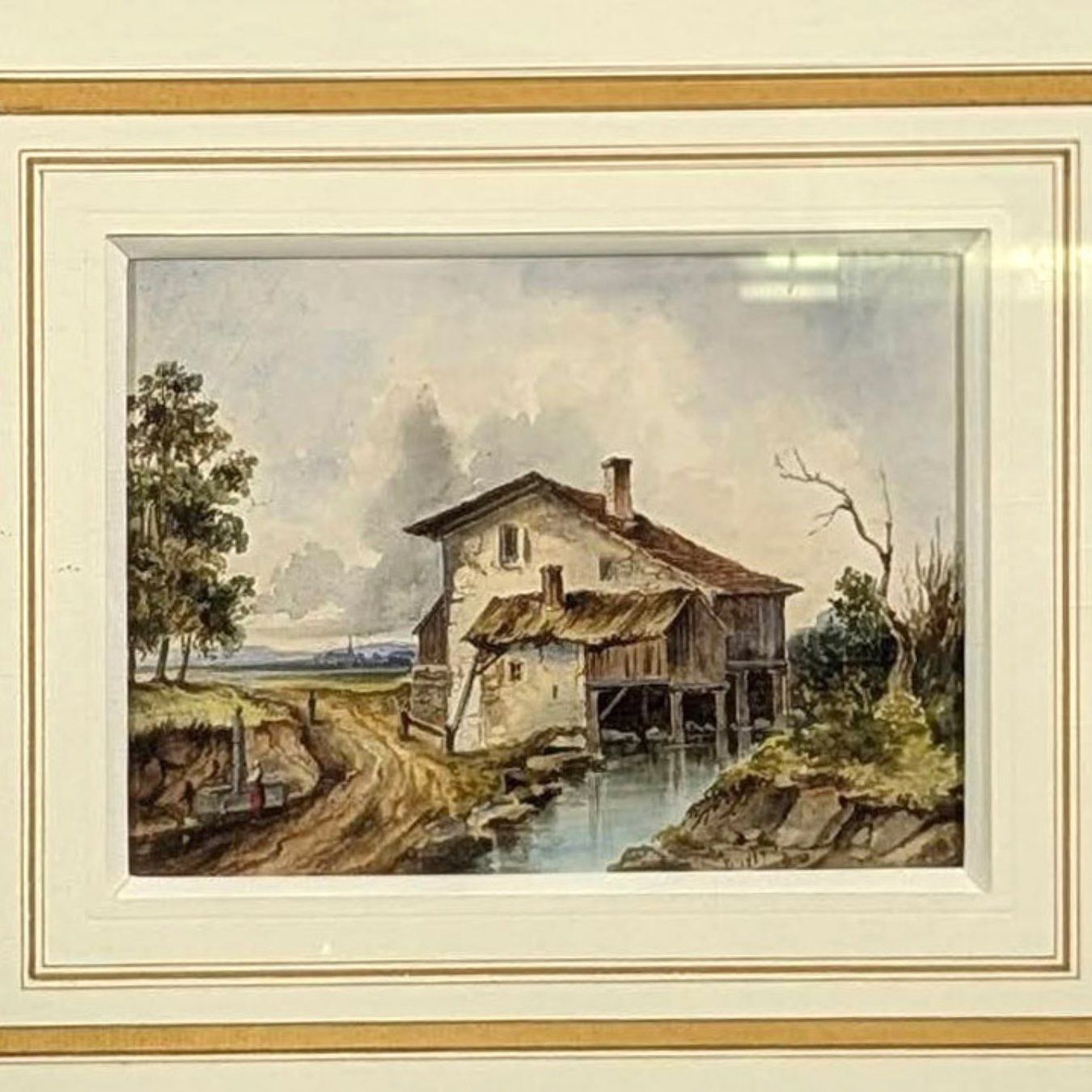 19th Century Watercolor Of A Lakeside House photo furniture