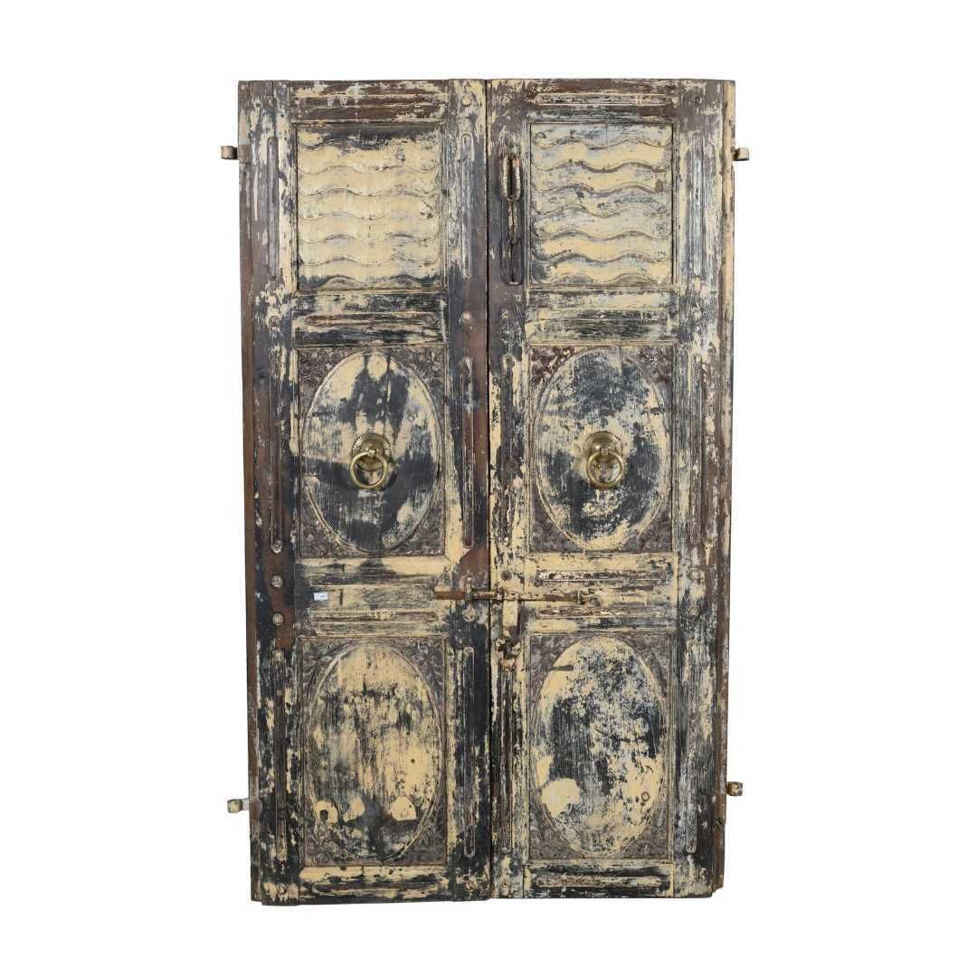 Antique Distressed Cream & Charcoal Teak Indian Doors, 1880s, Vintage Gujarat Salvage