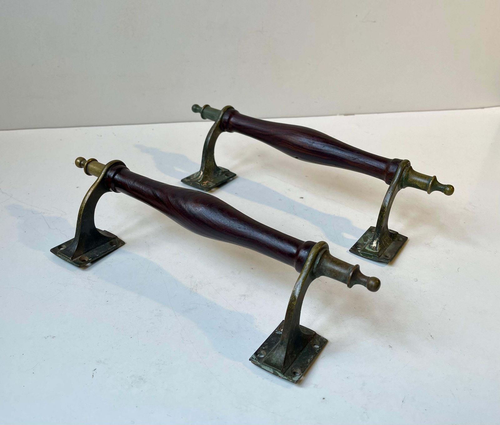 Antique Victorian Saloon Door Handles In Brass, Bronze & Hardwood photo vintage