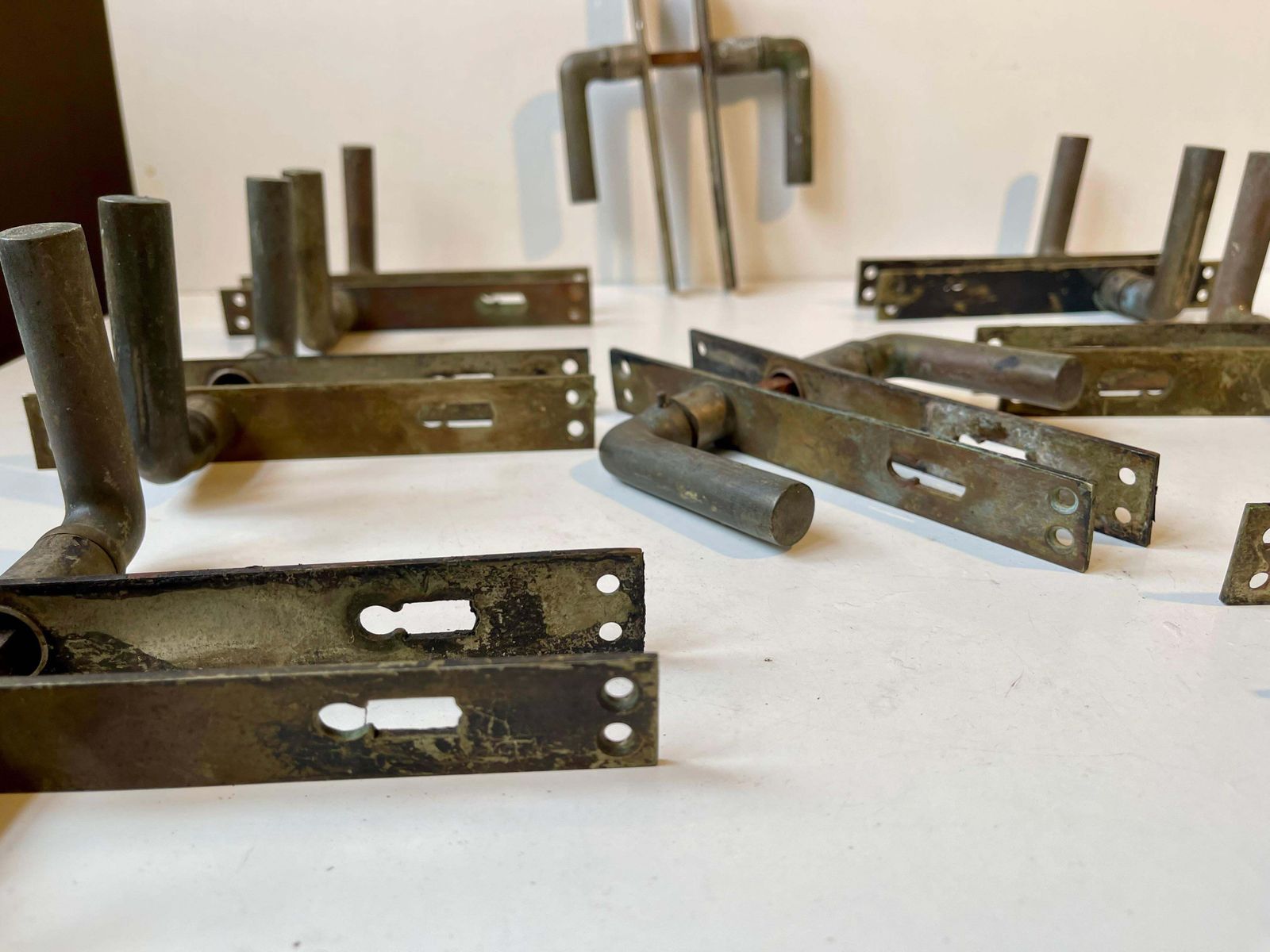 photo furniture Scandinavian Bauhaus State Building Door Handles In Brass, 1930s, 8 Sets