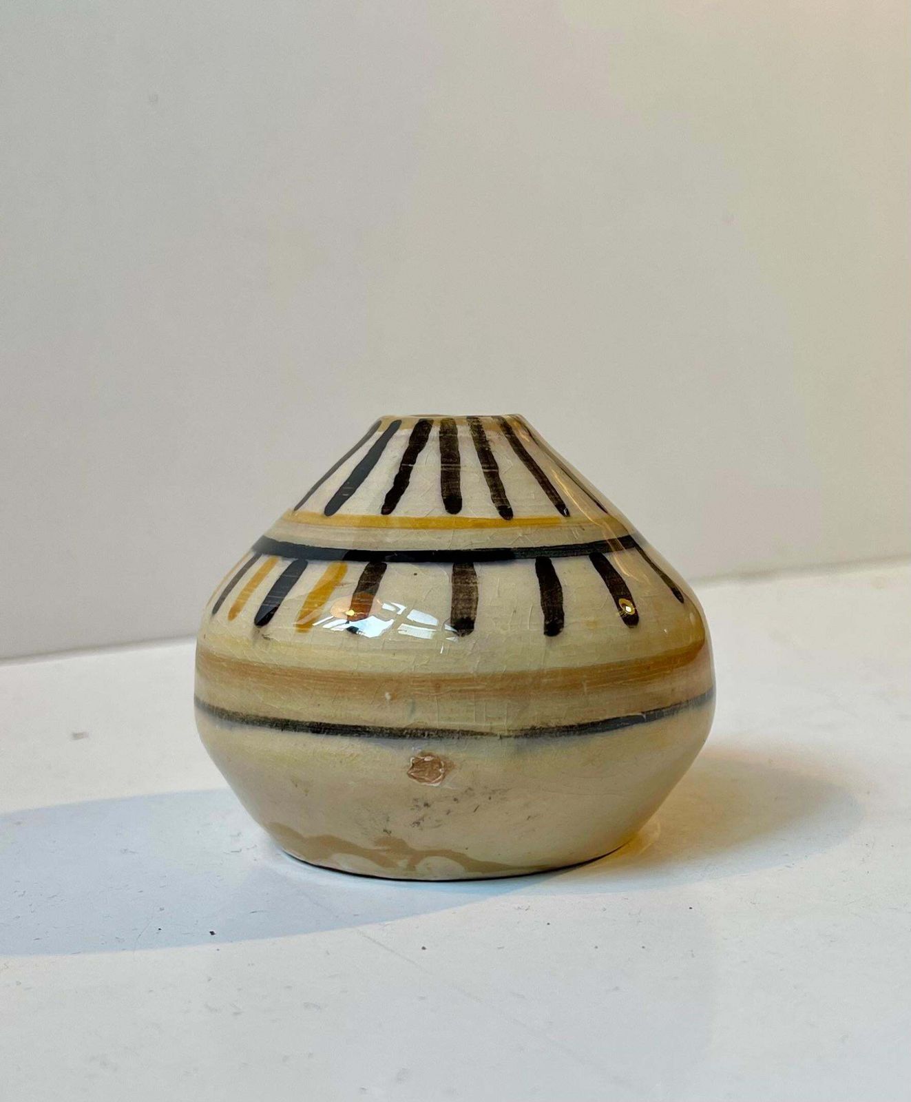 Swedish Modern Hand Glazed Ceramic Vase In Yellow & Black photo for sale
