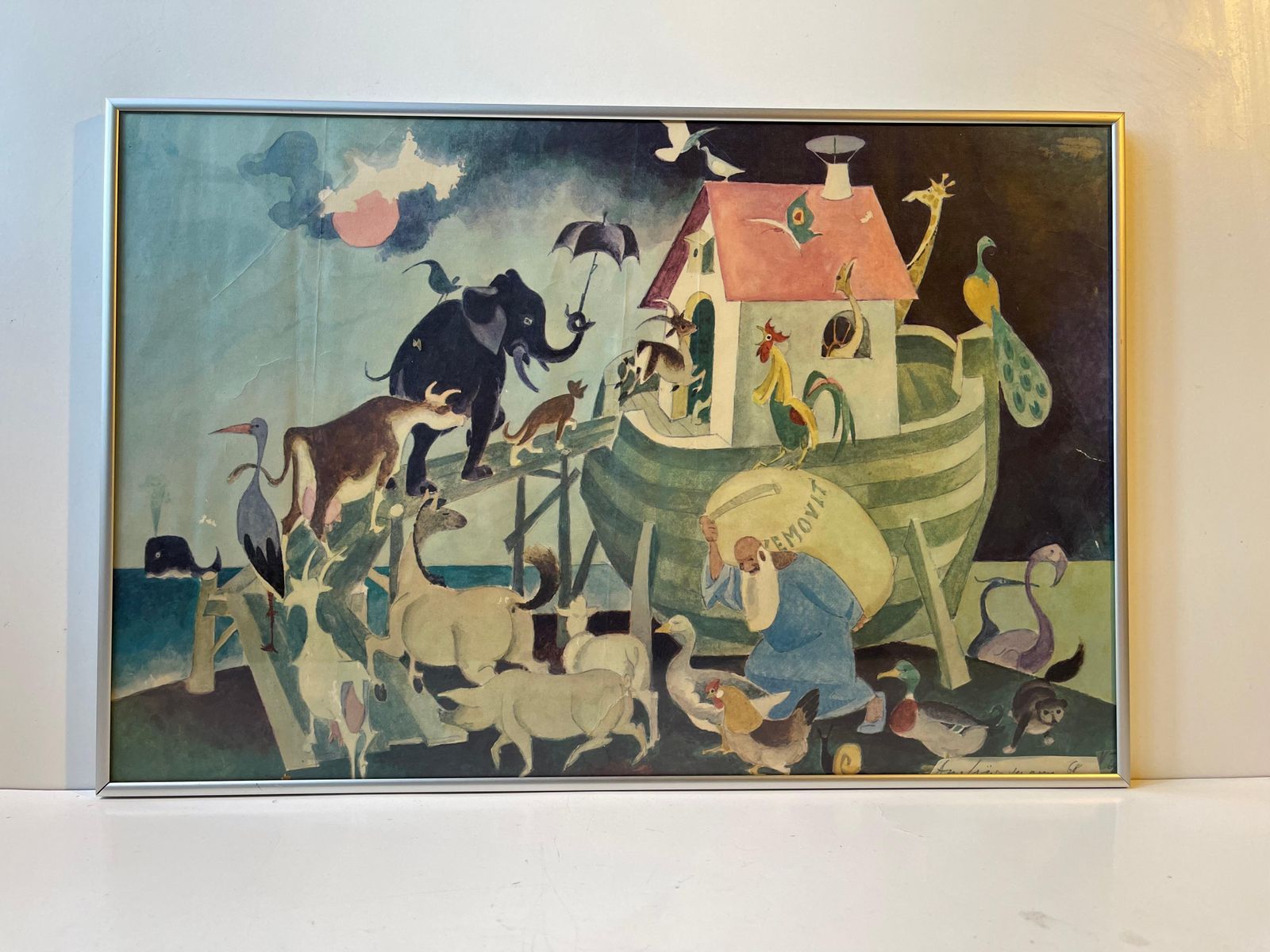 Vintage Scandinavian Noah's Ark Naive Off Set Lithograph In Colors photo furniture
