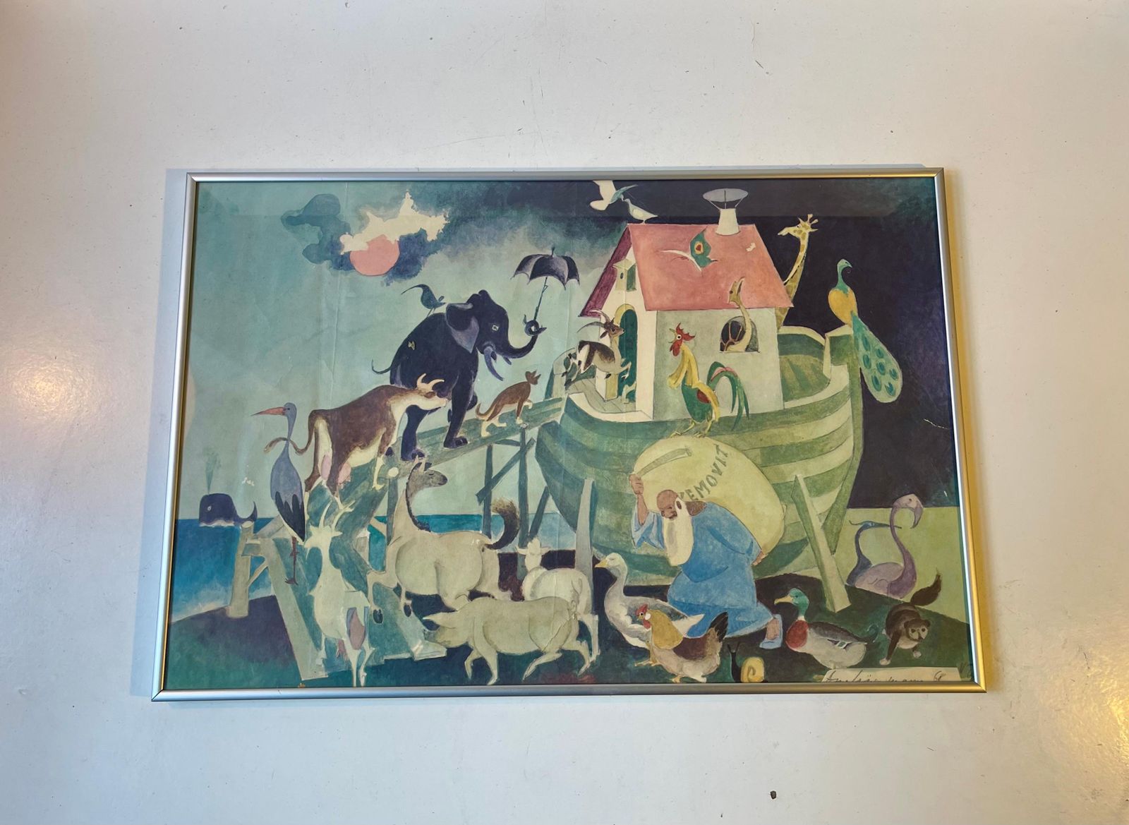 Vintage Scandinavian Noah's Ark Naive Off Set Lithograph In Colors photo for sale
