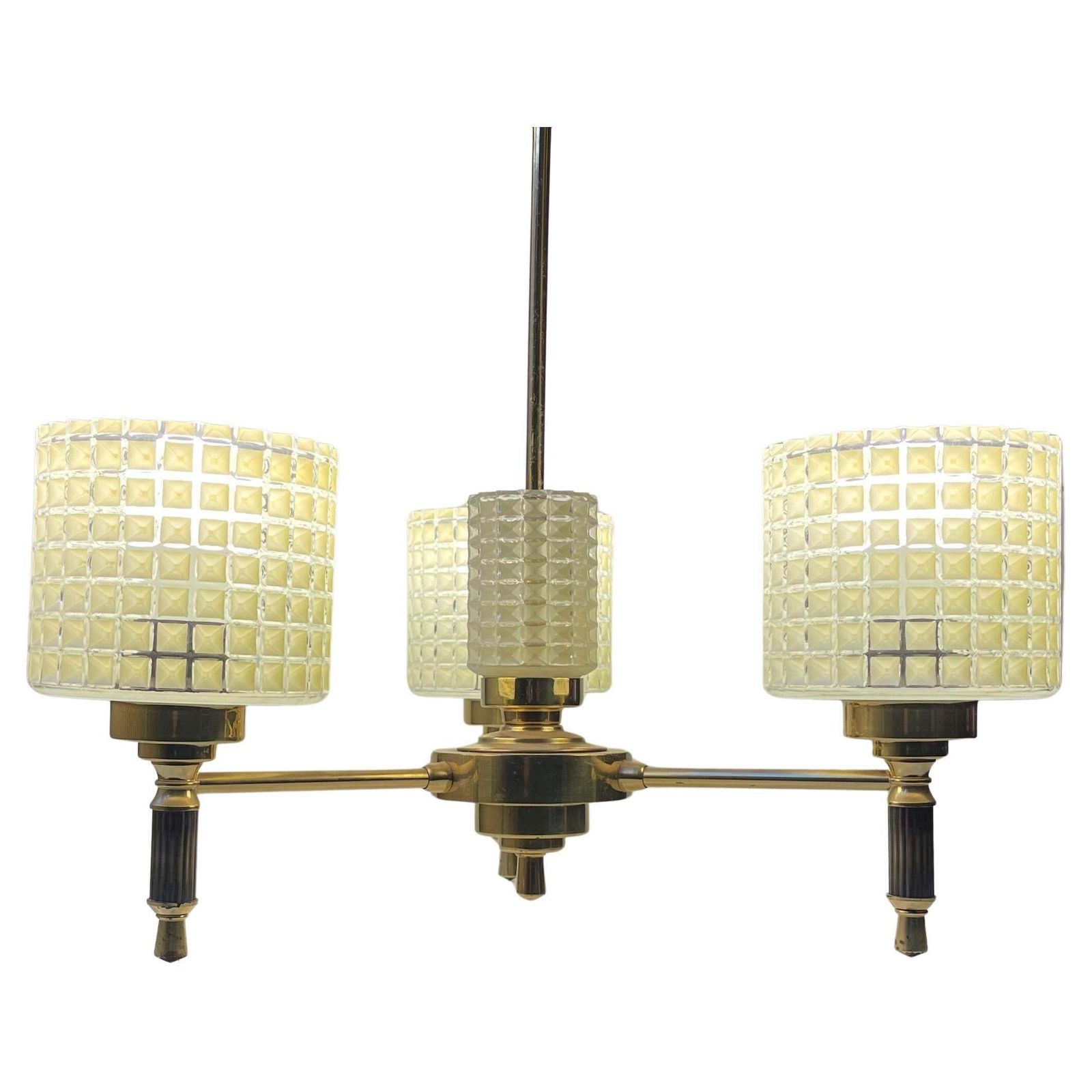 photo furniture Scandinavian Modern Chandelier In Brass & Waffle Glass, 1960s