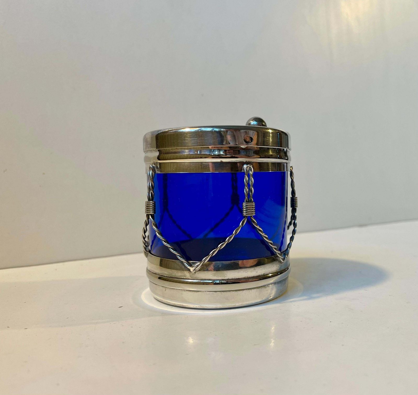 Vintage Money Bank Drum In Blue Glass & Silver Plate, 1970s photo 101.0