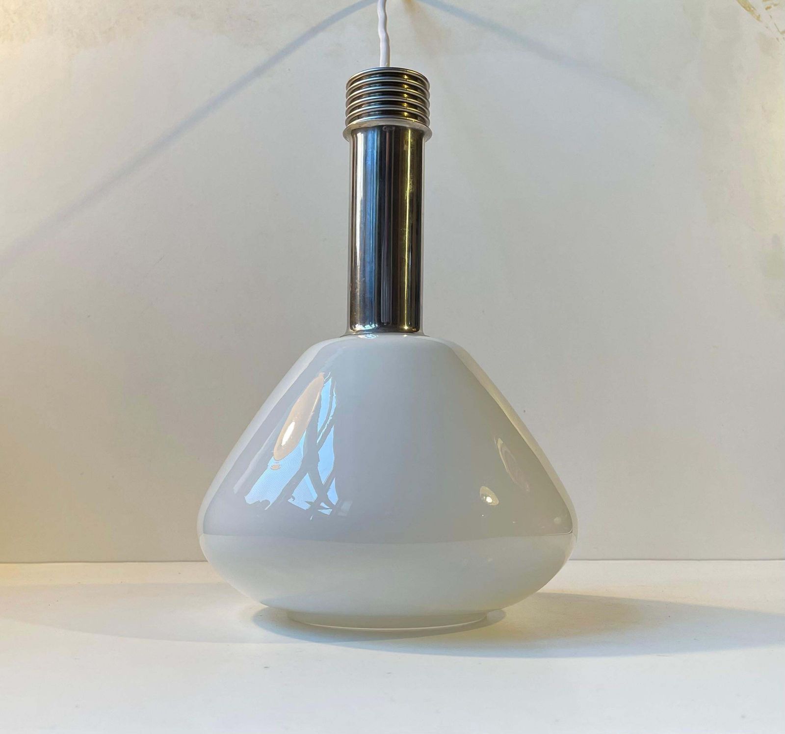 Italian Industrial Ceiling Lamp In White Opaline Glass & Chrome, 1970s photo 375.0