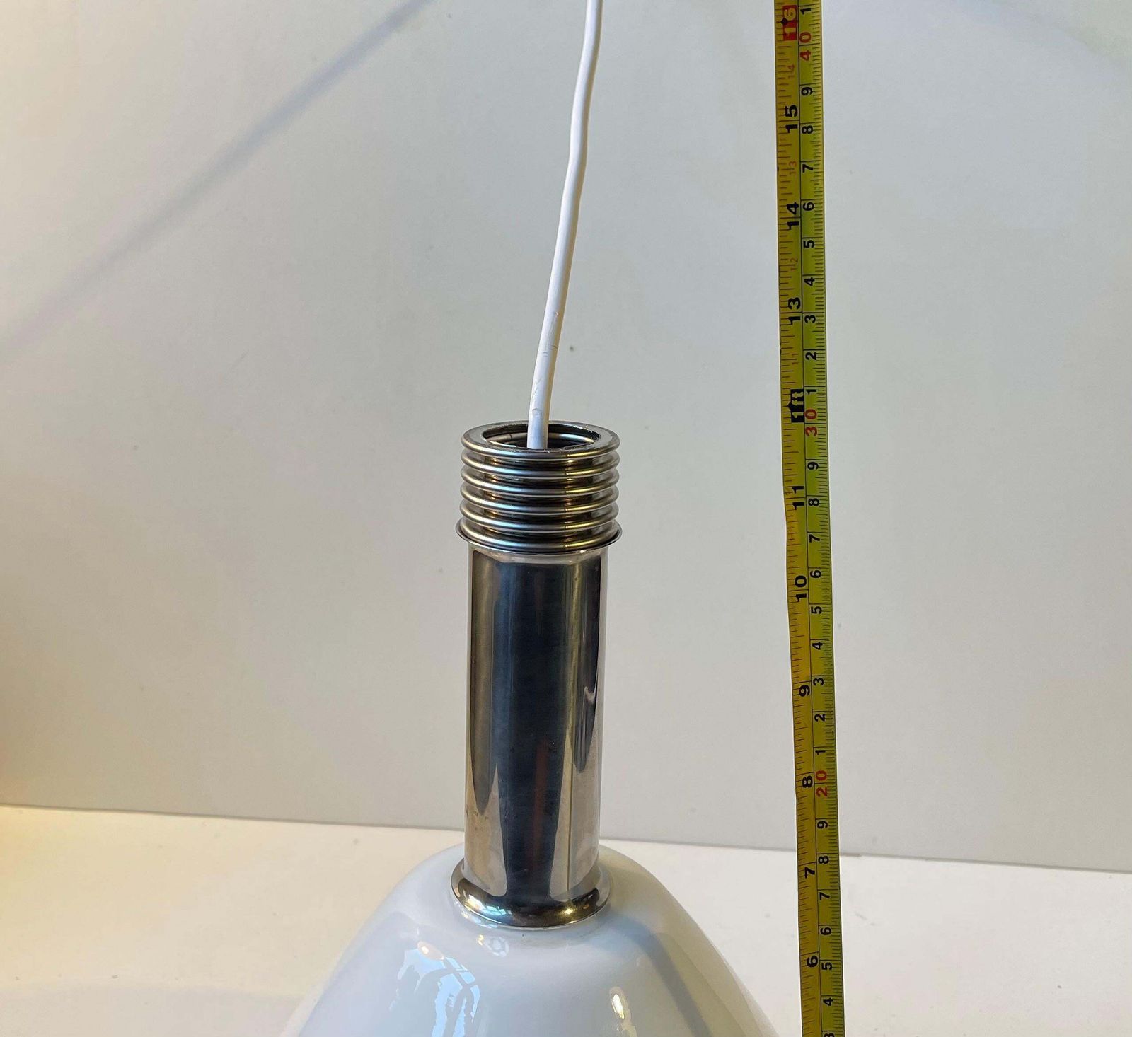 Italian Industrial Ceiling Lamp In White Opaline Glass & Chrome, 1970s photo vinterior