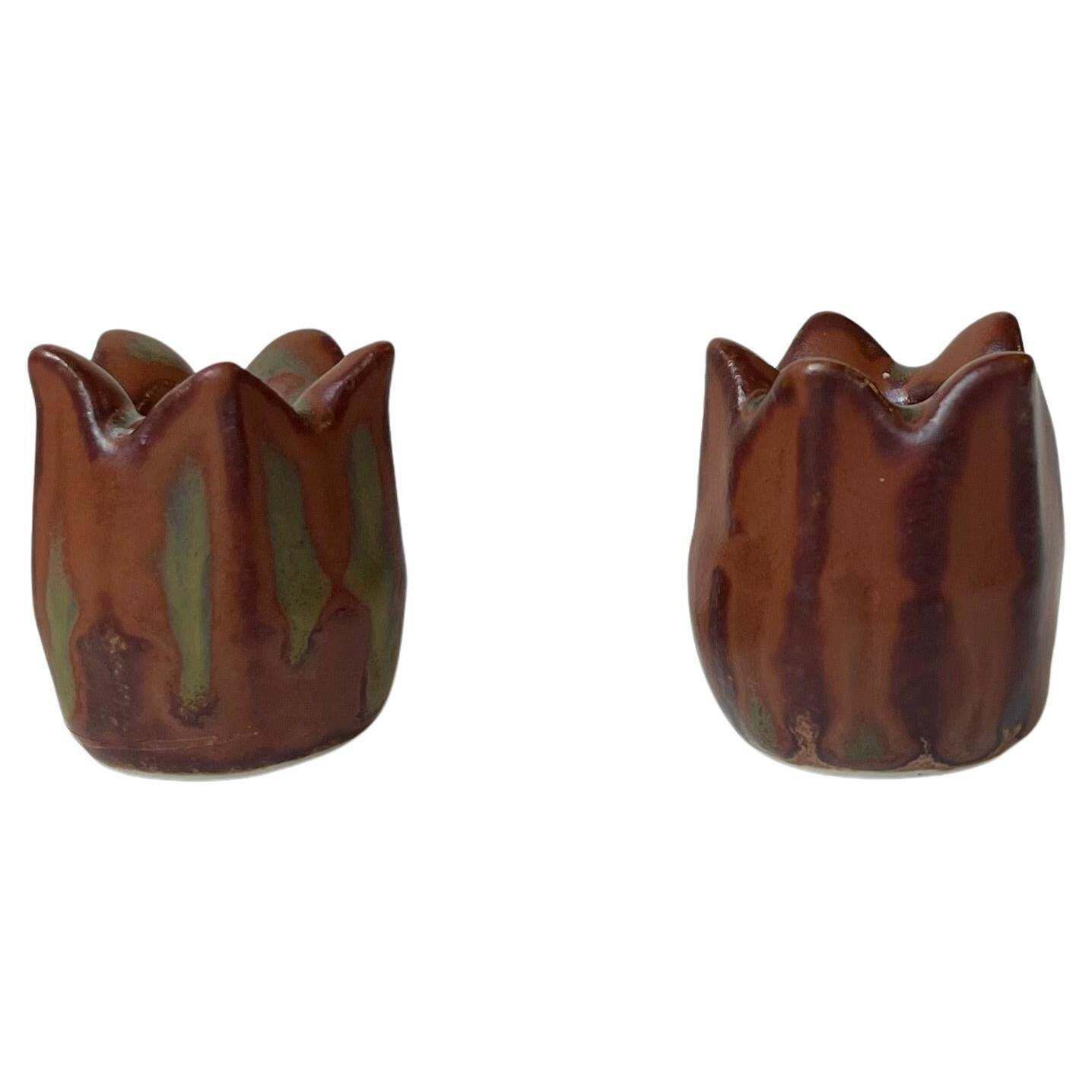 Glazed Rose Bud Candleholders In Stoneware By Eva Staehr Nielsen For Saxbo, 1950