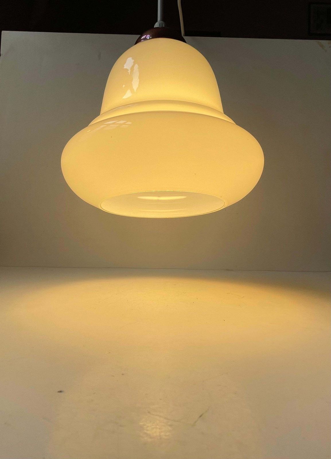 Danish Functionalist Bell Pendant Lamp In Opaline Glass & Copper By Holmegaard photo for sale
