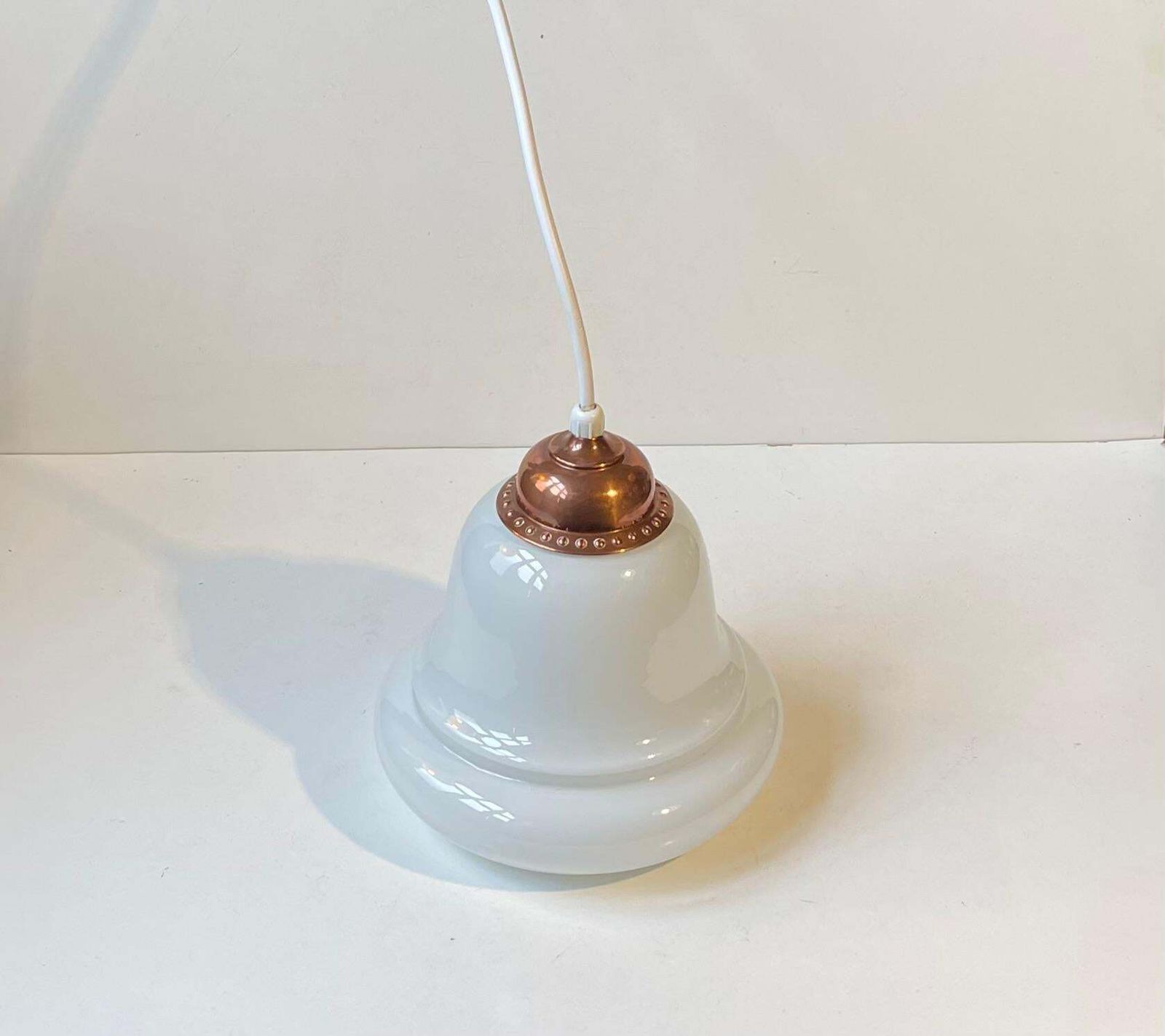 Danish Functionalist Bell Pendant Lamp In Opaline Glass & Copper By Holmegaard photo vinterior