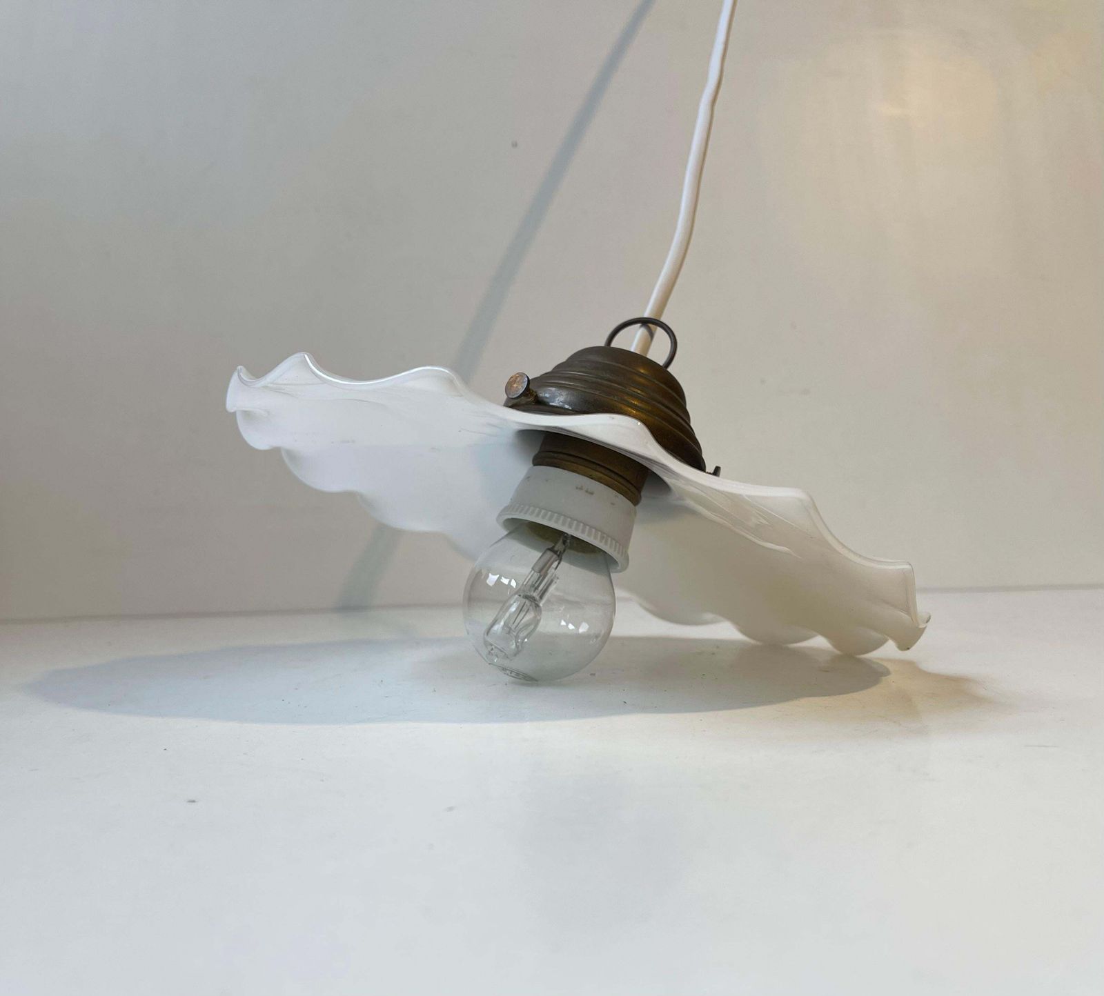 Scandinavian Ballerina Pendant Lamp W. Pleaded White Opaline Glass Shade, 1920s photo vintage