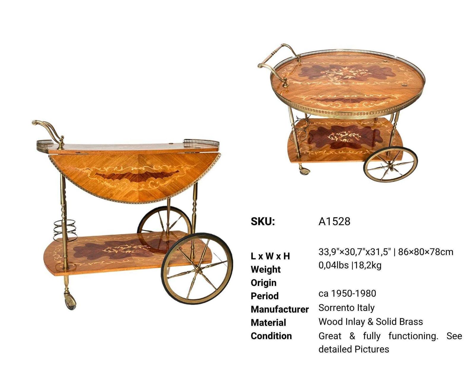 Wooden Bar Cart | Drop Leave Marquetry | Sorrento 1950 1980 photo furniture