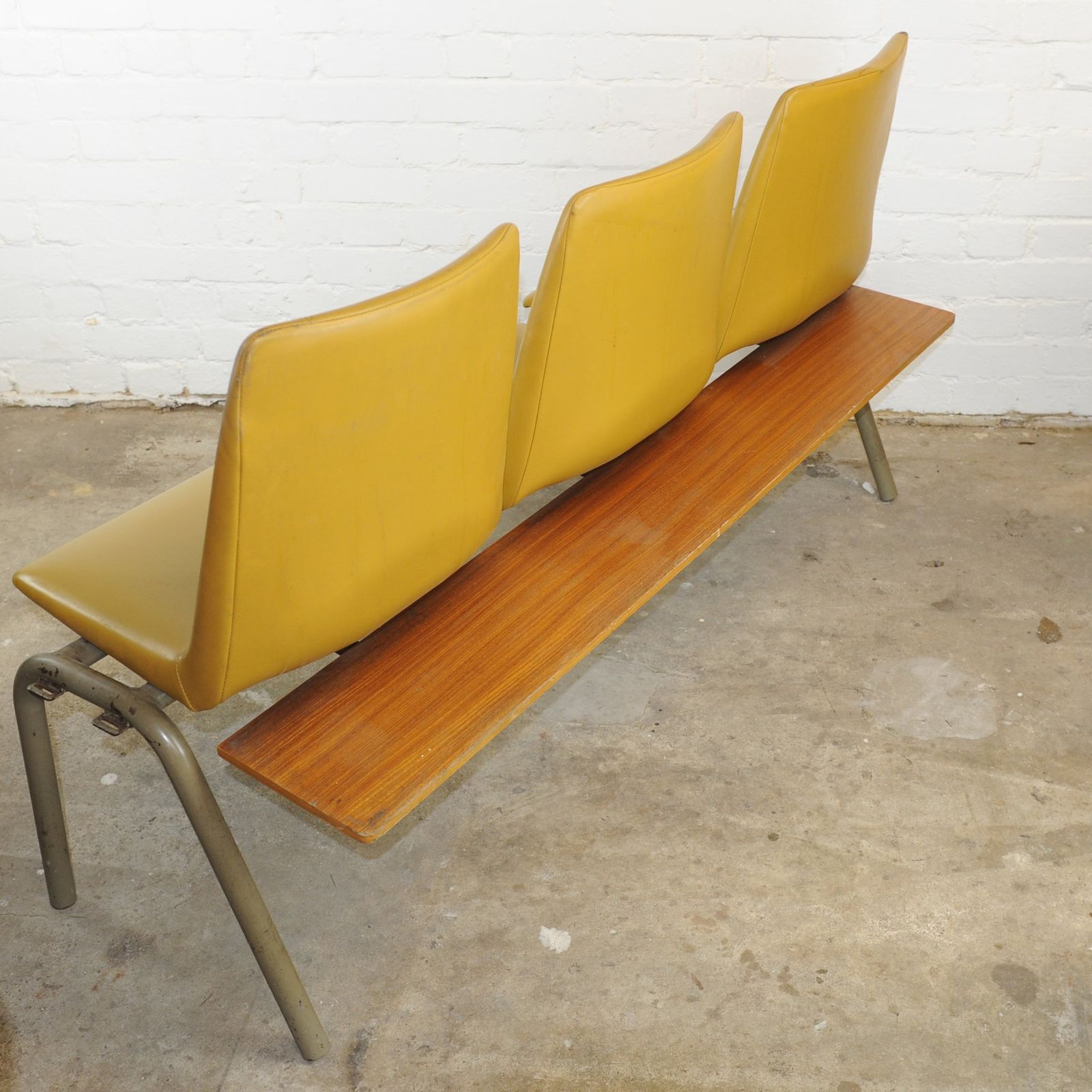 photo for sale Conjoined Yellow Vinyl Chairs On Black Legs, Set Of 3, 1980s