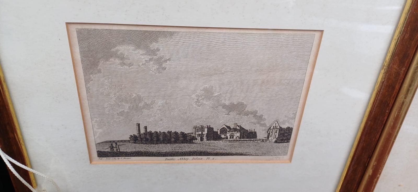 Set Of 3 Historic Prints Of Battle Abbey, Sussex – Antique Engravings & Hand Coloured Gateway Scene, Georgian To Edwardian Framed Art photo for sale
