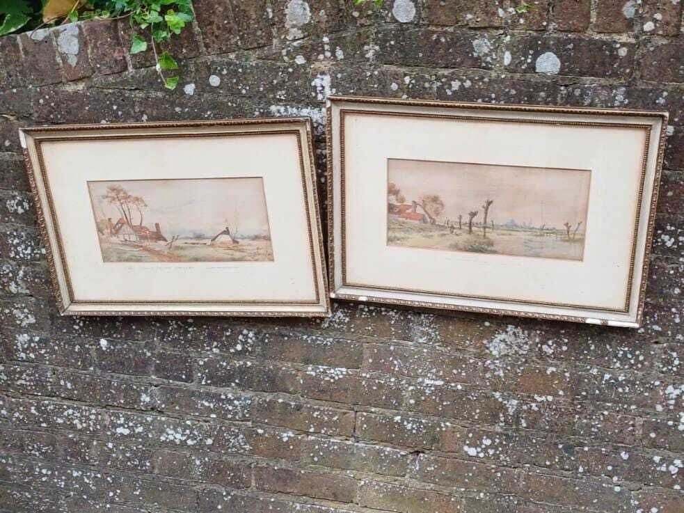 English Countryside Watercolours By J.D. Stewart – Lincolnshire Views In Vintage Frames, Rural Cottage Landscapes (Pair, C.1920s)