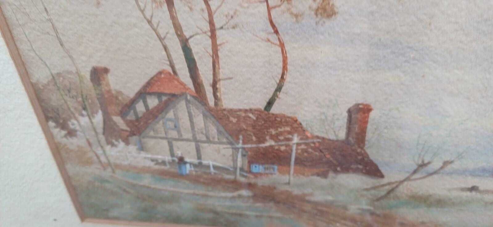 English Countryside Watercolours By J.D. Stewart – Lincolnshire Views In Vintage Frames, Rural Cottage Landscapes (Pair, C.1920s) photo for sale
