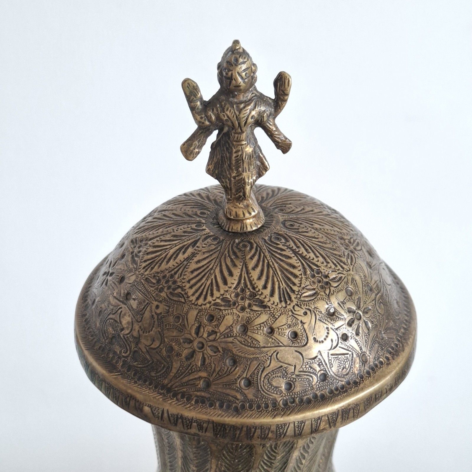 Indian Engraved Brass Urn Covered Vase Buddhist Diety Finial Large Vintage photo 70.0