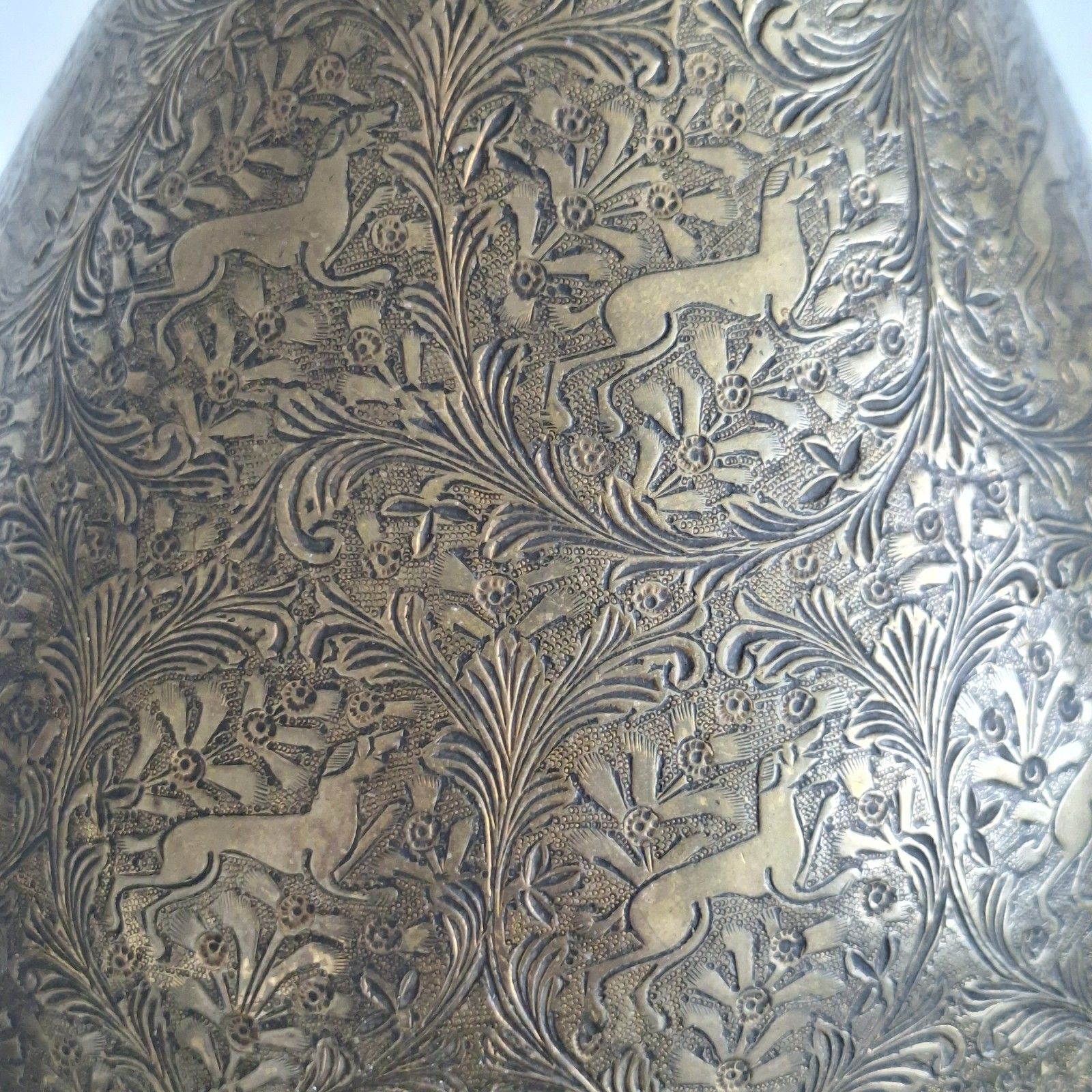 Indian Engraved Brass Urn Covered Vase Buddhist Diety Finial Large Vintage photo buy