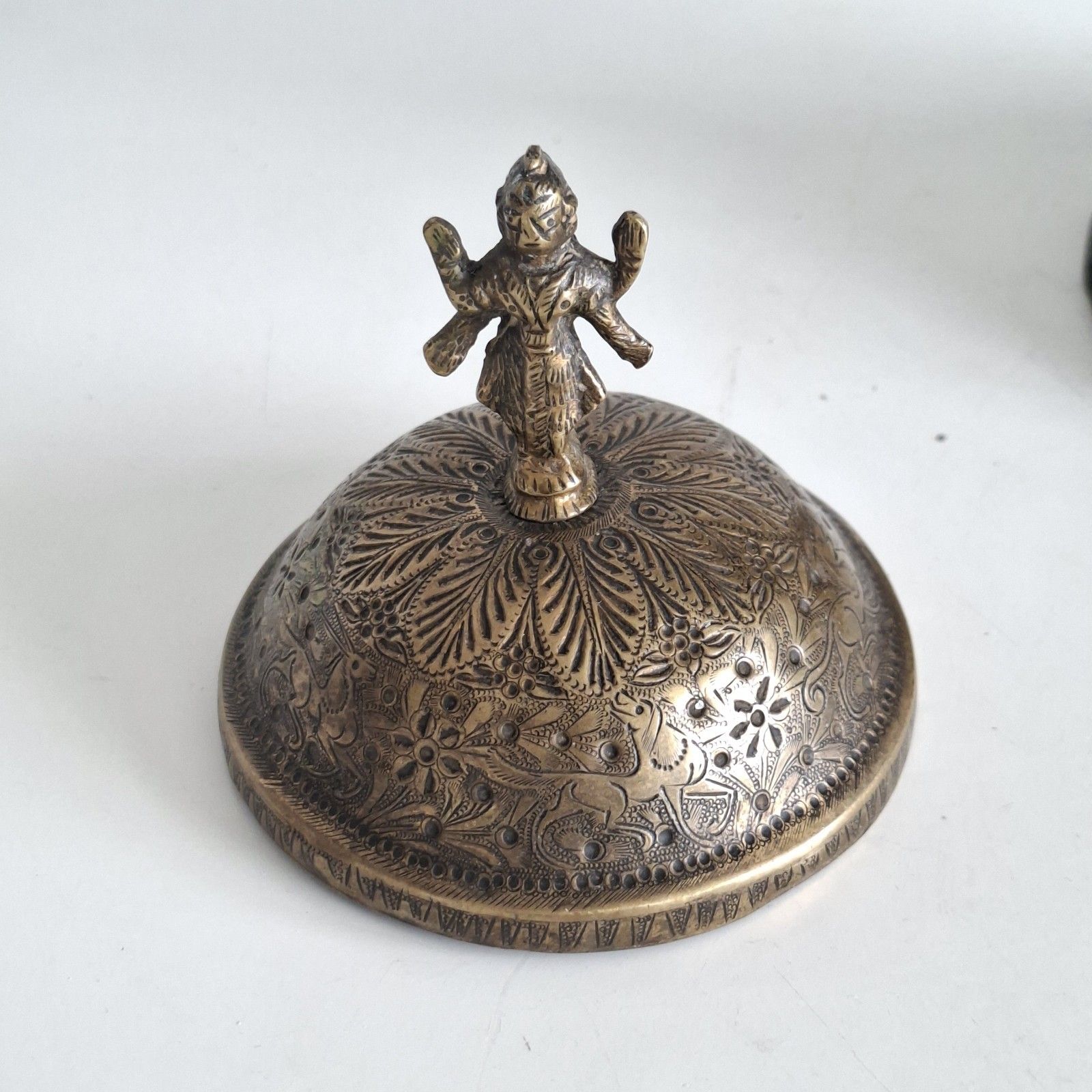 70.0 Indian Engraved Brass Urn Covered Vase Buddhist Diety Finial Large Vintage photo