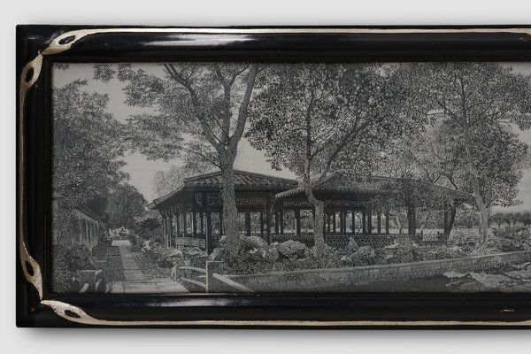 Framed Artwork On Silk Of A Chinese Waterside Tea House, France, 1910 photo furniture