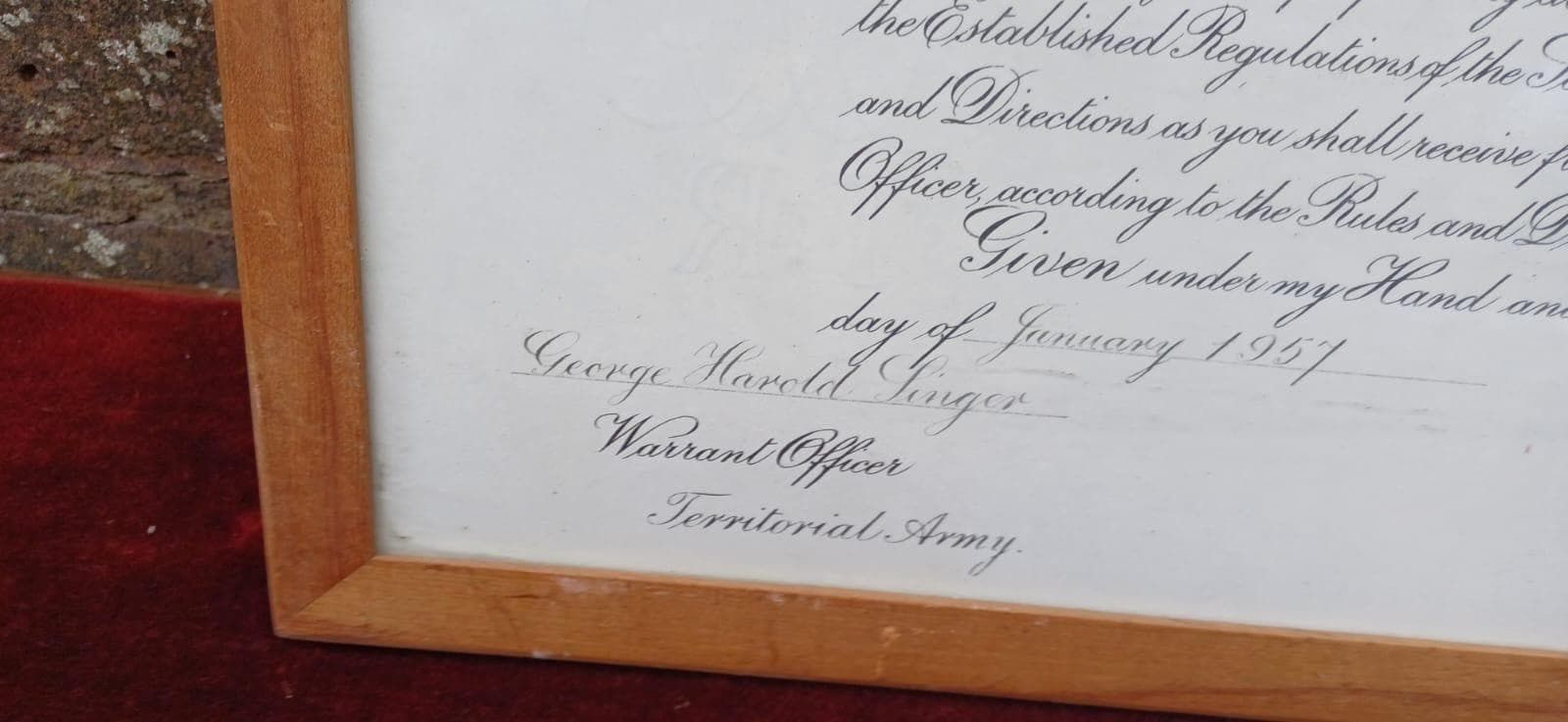 1957 British Army Warrant – George H. Singer Appointment As Territorial Army Officer, Original Military Document, Framed & Embossed photo 88.0