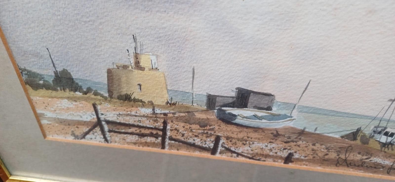 Original Coastal Watercolour By Andrew John – Martello Tower & Beached Boats, Framed Maritime Painting, photo for sale