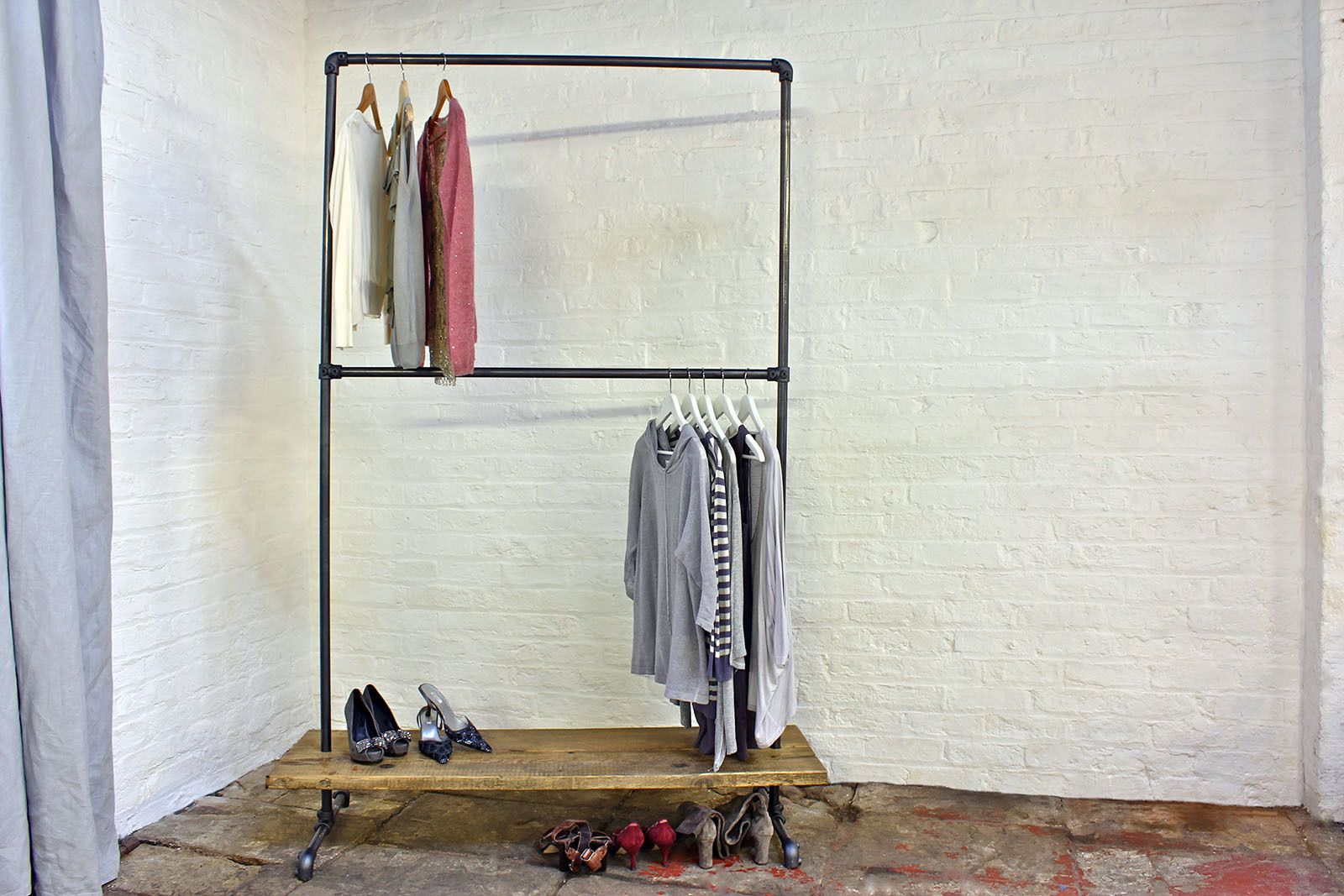Laura Dark Steel Pipe Freestanding Double Clothes Rail/Rack With Bottom Shelf   Bespoke Urban Industrial Bedroom Furniture/Shop Fittings photo Furniture