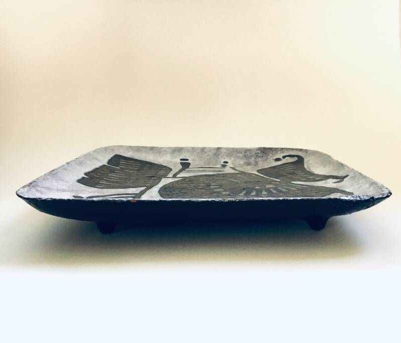 Brutalistisch Studio Aardewerk – Groot Vierkant Schaal Door Amphora Perignem, België, Ca. Jaren 1960 photo Woonaccessoires