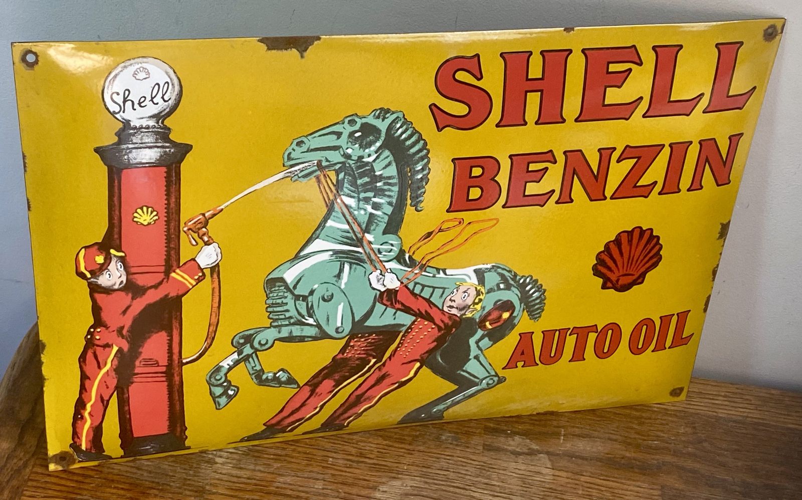 photo furniture Vintage Shell Benzin Auto Oil Large Enamel Metal Garage Sign Gas Petrol Station Dealership Dealer Royal Dutch Shell Bp Esso Benzole Huiles Car Art