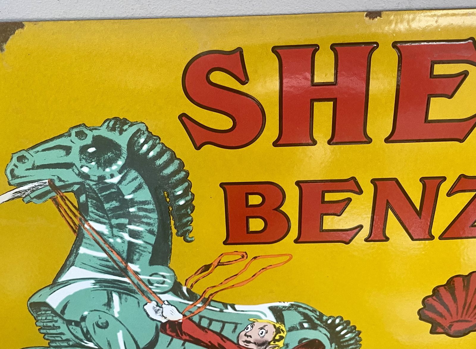 photo for sale Vintage Shell Benzin Auto Oil Large Enamel Metal Garage Sign Gas Petrol Station Dealership Dealer Royal Dutch Shell Bp Esso Benzole Huiles Car Art