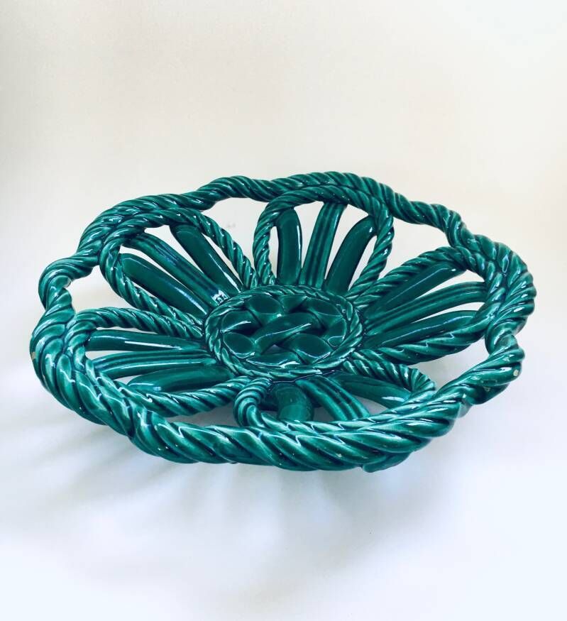 Midcentury Art Ceramics Green Braided Woven Bowl By Vallauris, France 1950's