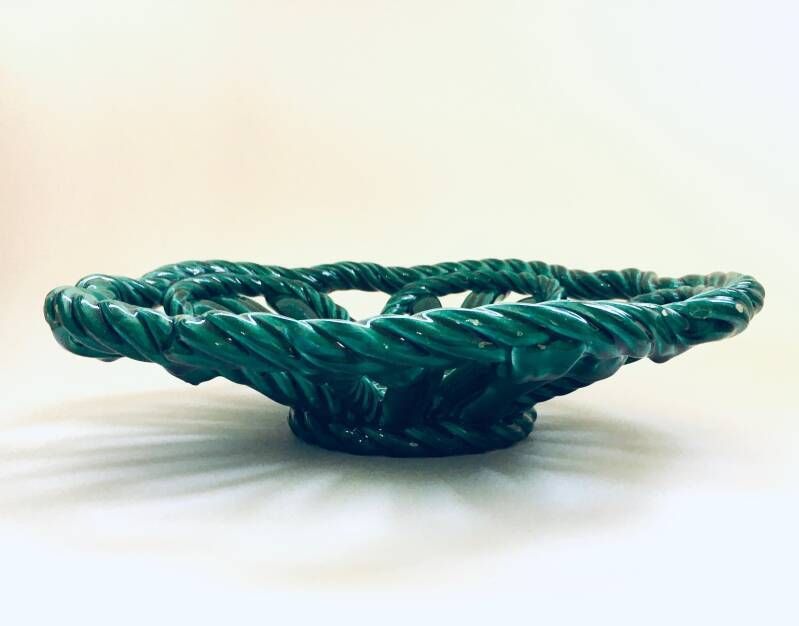 Midcentury Art Ceramics Green Braided Woven Bowl By Vallauris, France 1950's photo for sale