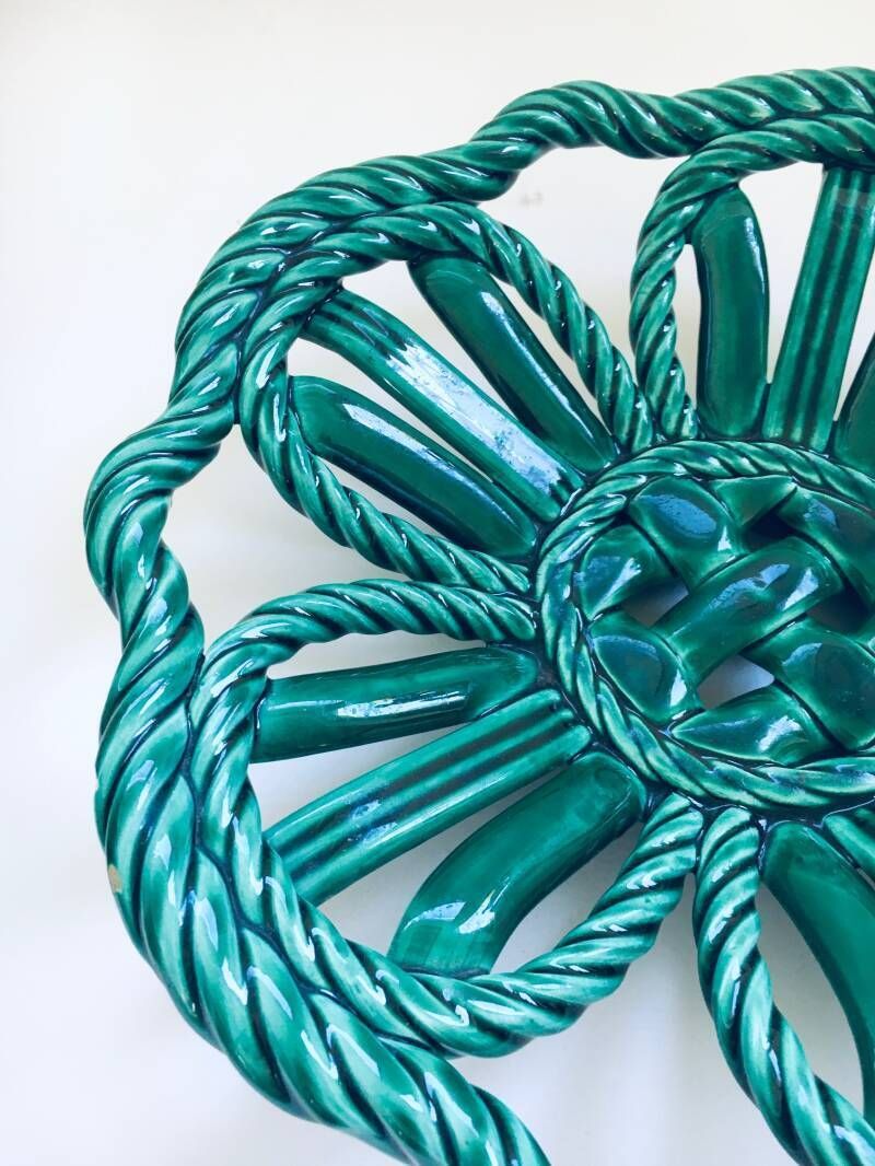 Midcentury Art Ceramics Green Braided Woven Bowl By Vallauris, France 1950's photo 400.0