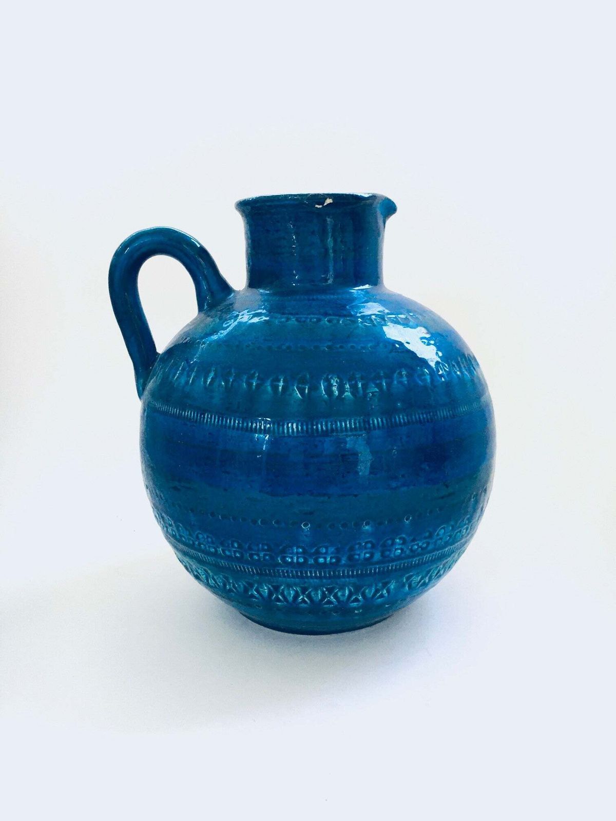 285.0 Vintage Art Ceramics Rimini Blue Ball Decanter Vase By Aldo Londi For Bitossi, Italy 1960's photo