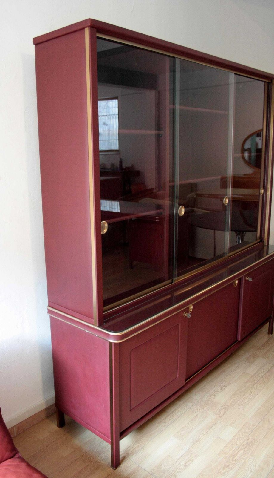Sideboard Or Double Body Bookcase Covered In Burgundy Imitation Leather By Umberto Mascagni, 1950s photo 1999.0