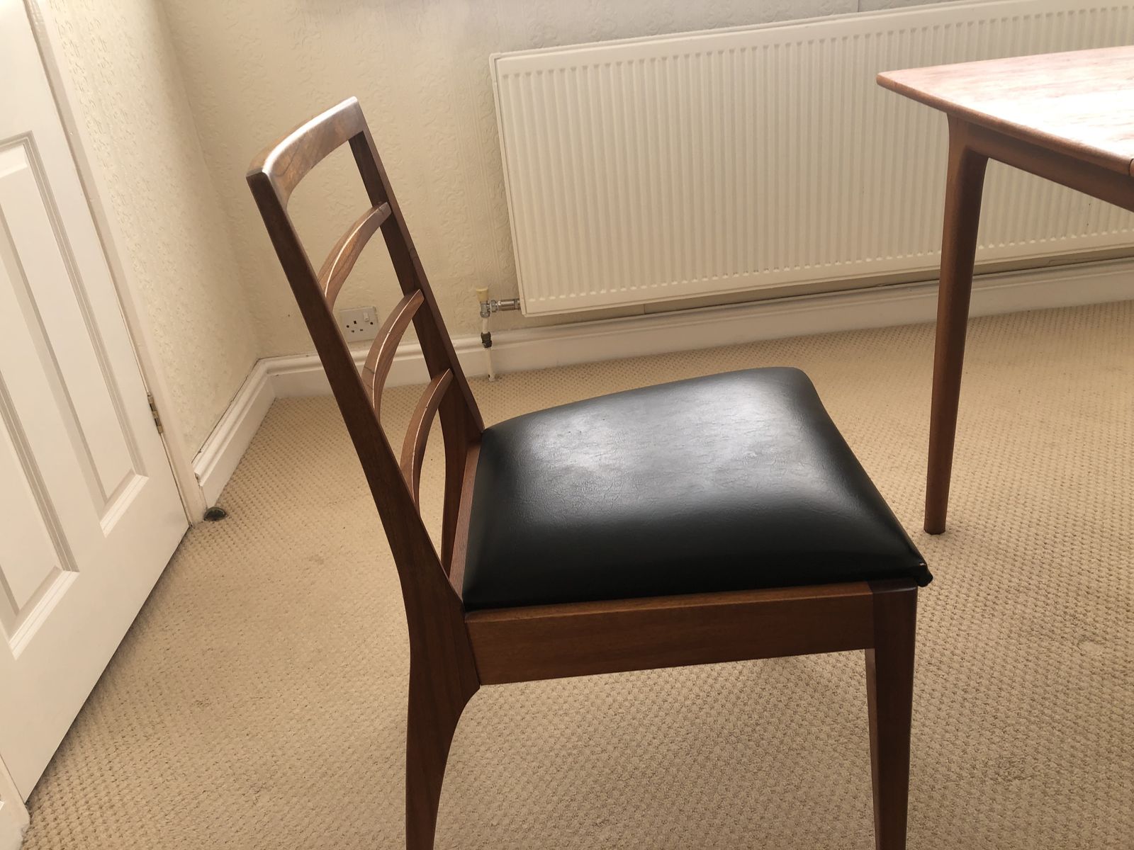 McIntosh Early 1970s Dining Chairs In Teak, With Black Faux Leather Seats.  Set Of 6 Chairs photo for sale