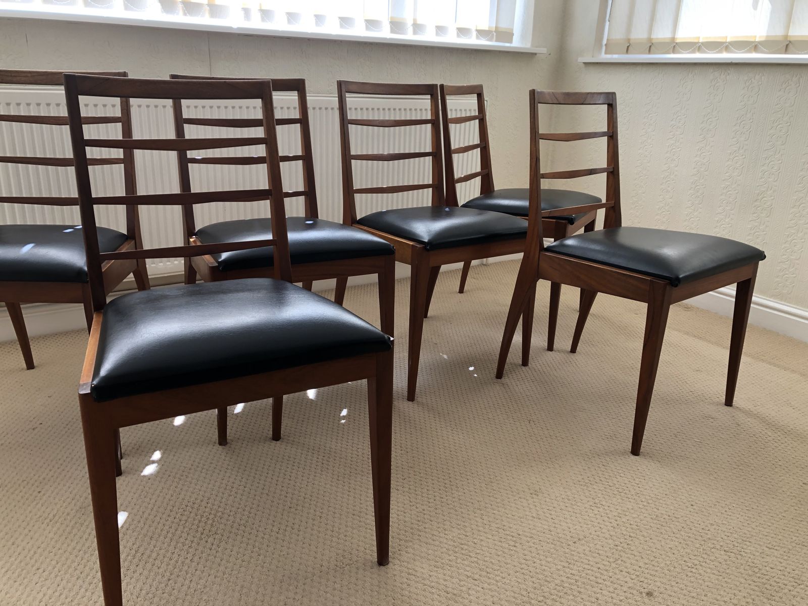 McIntosh Early 1970s Dining Chairs In Teak, With Black Faux Leather Seats.  Set Of 6 Chairs photo 599.0