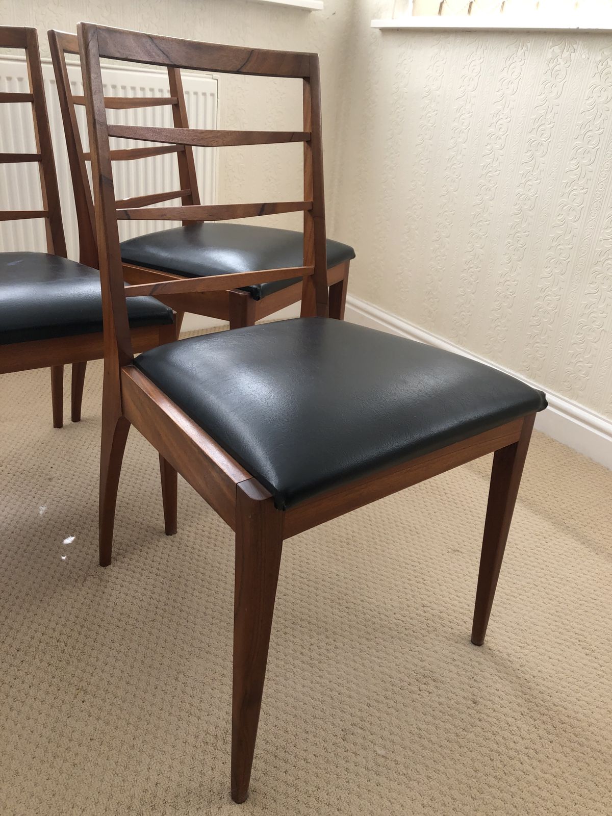 McIntosh Early 1970s Dining Chairs In Teak, With Black Faux Leather Seats.  Set Of 6 Chairs photo vinterior