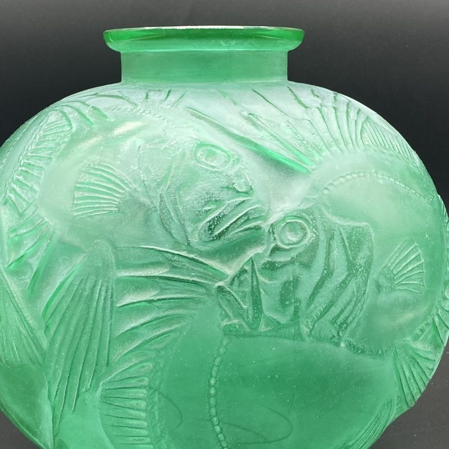 A Green Poisson Vase By R.Lalique photo vintage