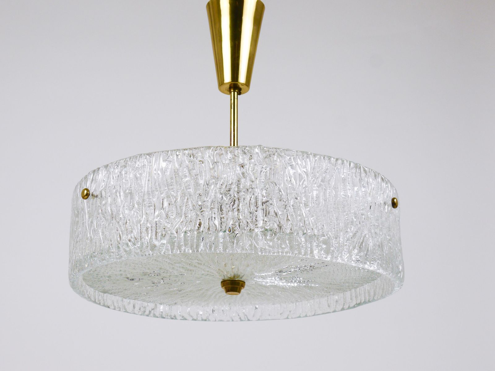 J.T. Kalmar Round Textured Glass Ring & Brass Chandelier, Pendant Lamp, 1950s photo for sale