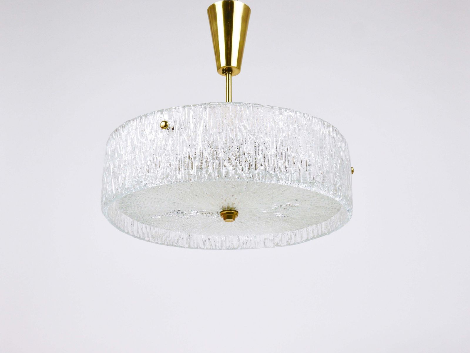 J.T. Kalmar Round Textured Glass Ring & Brass Chandelier, Pendant Lamp, 1950s photo vintage