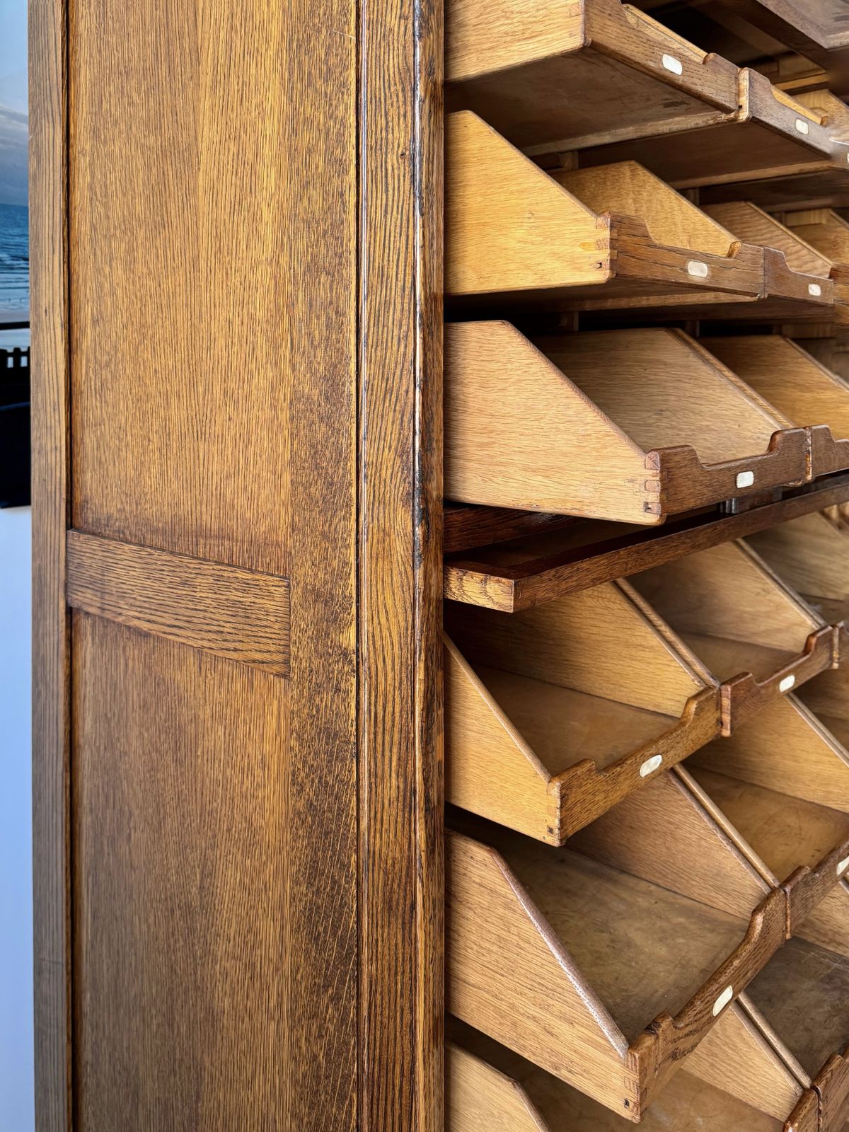 photo vinterior Exceptional Vintage 1930s English Oak Haberdashery Cabinet By Dudley & Co.