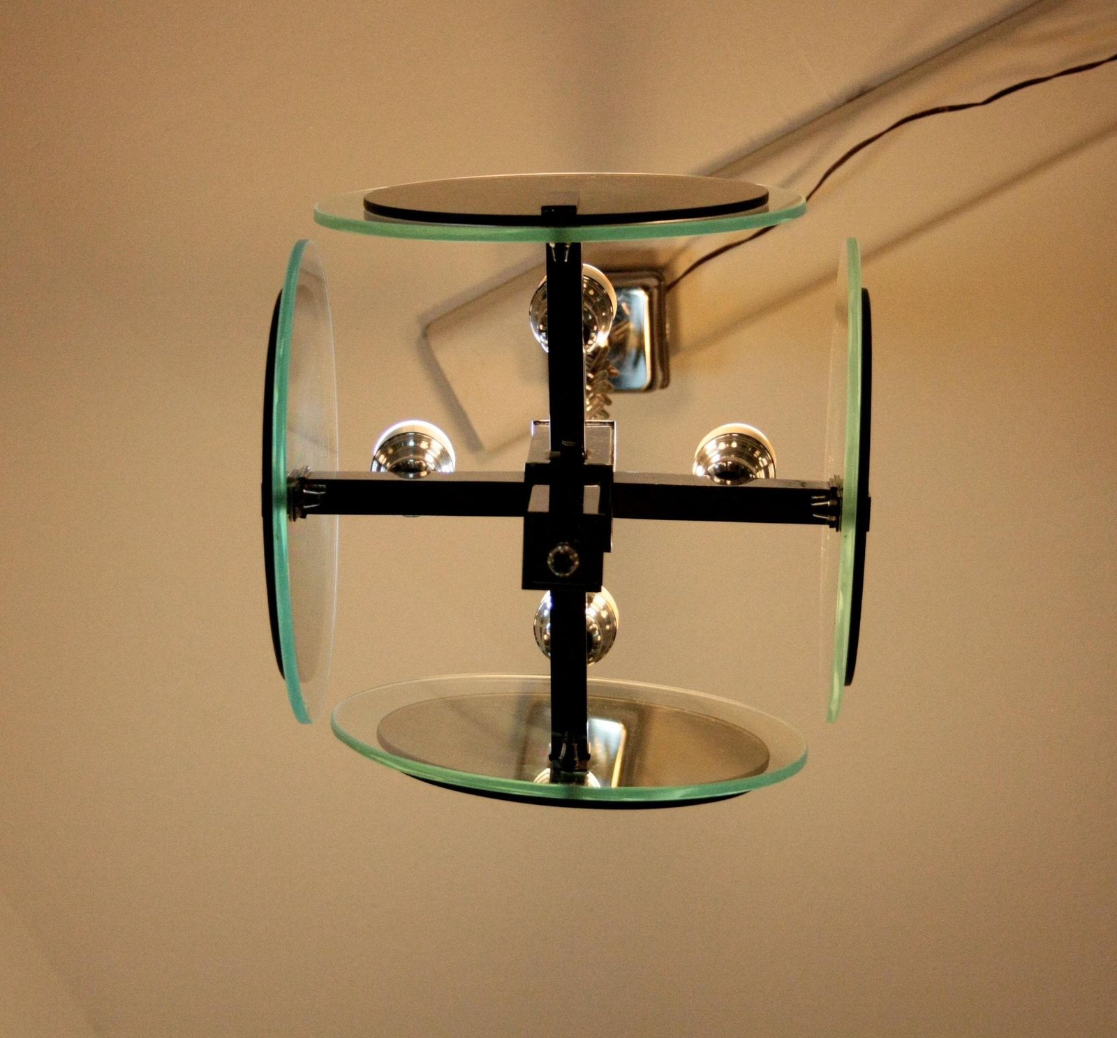 Vintage Art Deco Chandelier In Chromed Metal And Glass, Italy, 1970s photo for sale